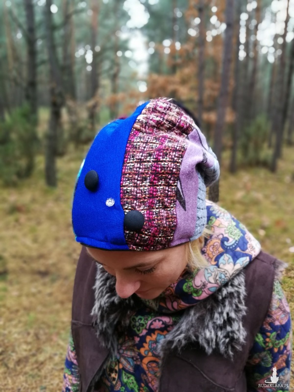 czapka dzianina patchwork retro handmade zimowa