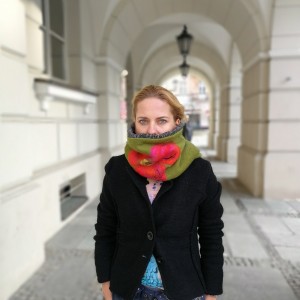 komin zimowy ciepły handmade w kwiaty damski zielony