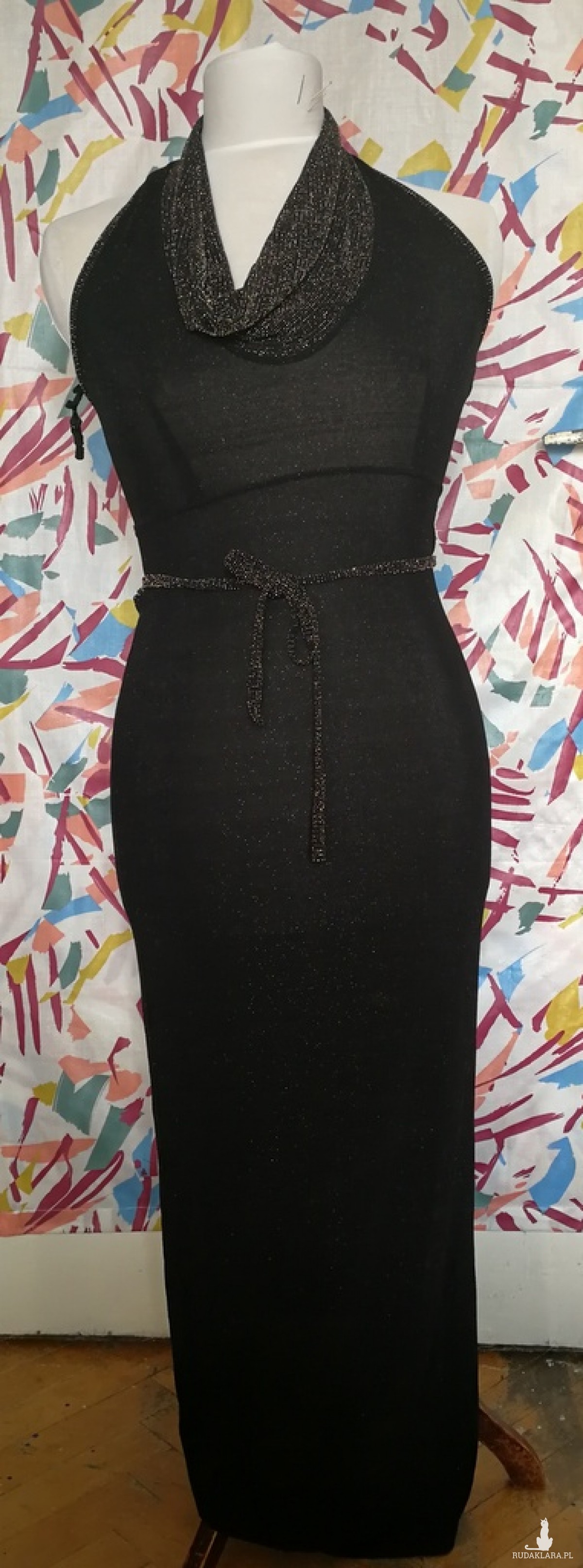 sukienka koktajlowa czarno- srebrno-brokat długa