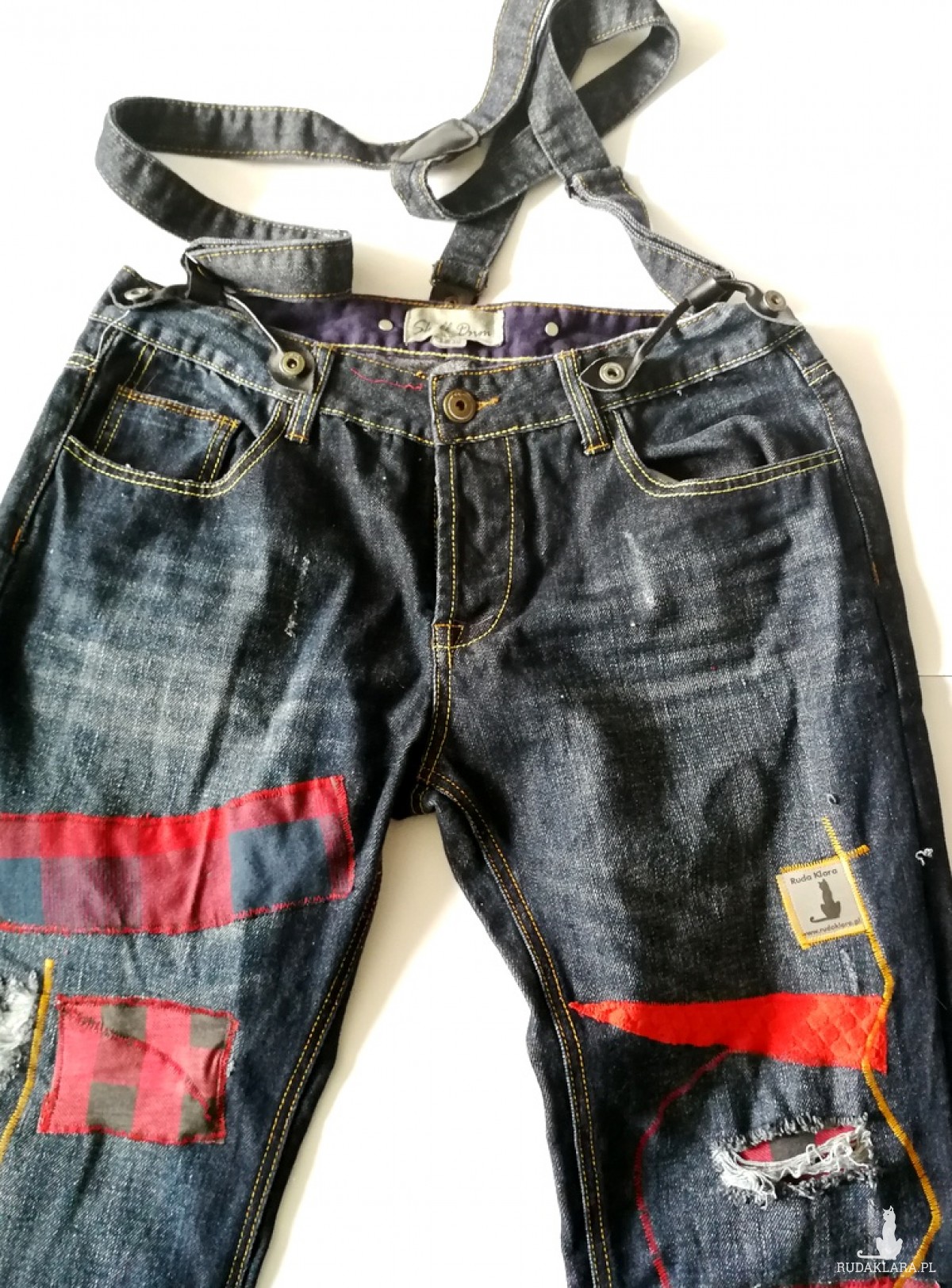 spodnie jeansy podszywane patchworkowo kolorowe boho denim handmade