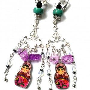 klipsy etno boho długie wiszące matrioszki handmade