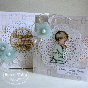 Personalizowany komplet, kartka w pudełku na chrzest dla chłopczyka