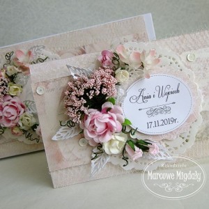Różowy komplet ślubny, kartka w pudełku