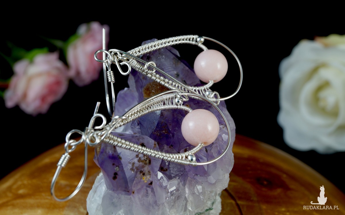 Agat różowy, Srebrne kolczyki z Agatem, ręcznie wykonane, prezent dla niej, prezent dla mamy, prezent urodzinowy, biżuteria, wire wrapped