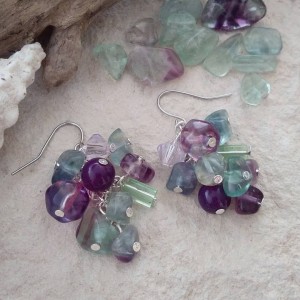 Kolczyki z fluorytu i koralików szklanych dł. 4 cm / bigle stal chirurgiczna /