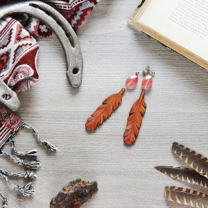 SKÓRZANE KOLCZYKI PIÓRKA Z KWARCEM