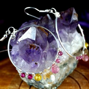 Cytryn, Srebrne kolczyki z cytrynem, turmalinem i rubinem ręcznie wykonane, prezent dla niej, prezent dla mamy prezent urodzinowy, handmade