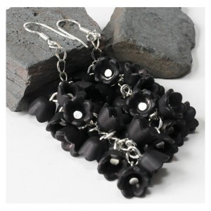 3997 długie kolczyki czarne kwiaty srebro