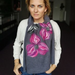 szary szal damski zimowy z wełną merynosów handmade