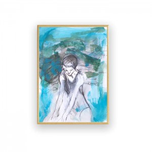 oryginalny obraz z pływaczką, nowoczesna akwarela, pływaczka rysunek, grafika do pokoju,  malowana ręcznie obrazek, oprawiony szkic z dziewczyną, ślub prezent, prezent na ślub