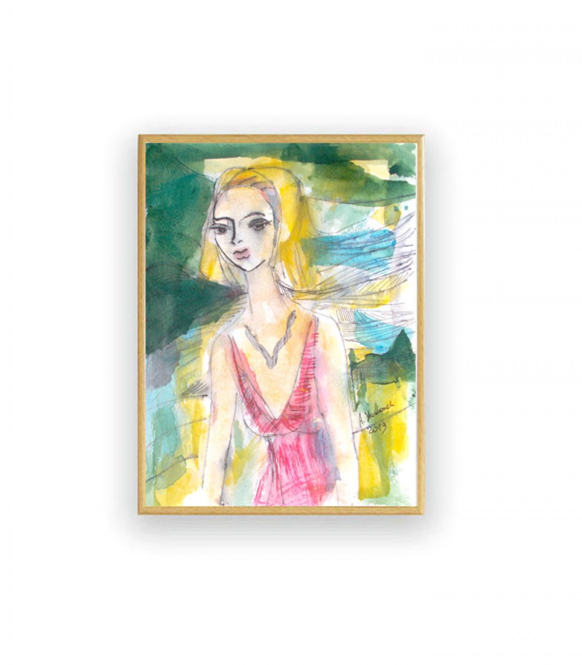 ładna akwarela z dziewczyną, malowany ręcznie obraz z kobietą, kolorowa grafika do salonu, kobieta obraz na ścianę