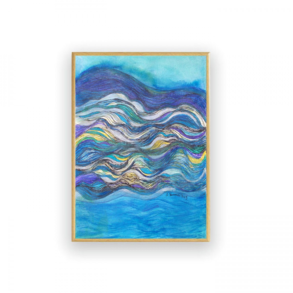 mały obraz abstrakcyjny, abstrakcja rysunek do pokoju, nowoczesna grafika z morzem, oprawiony szkic morski