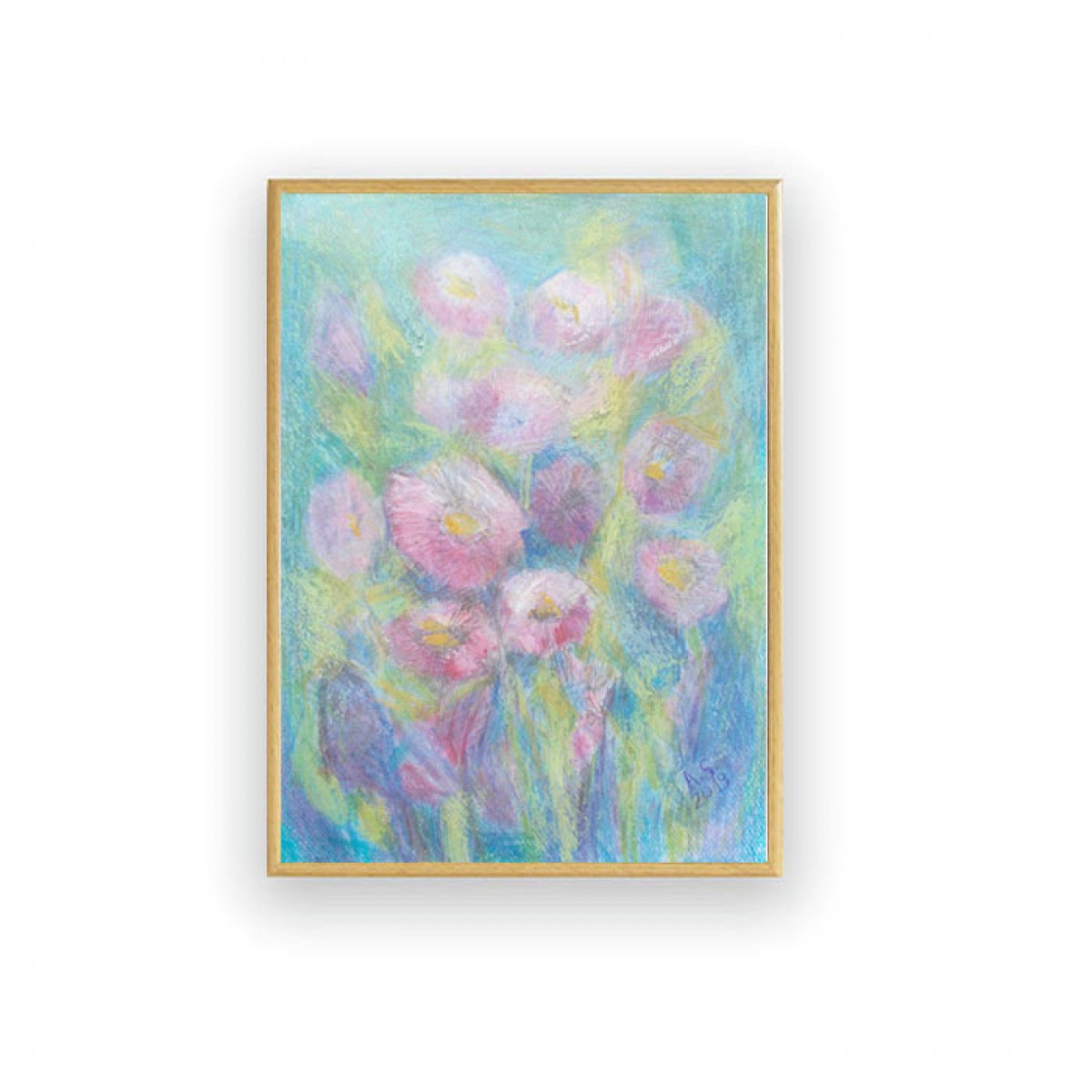 pastelowy rysunek na ścianę, mały obraz z łąką, pastelowy pejzaż, oprawiony szkic z kwiatami