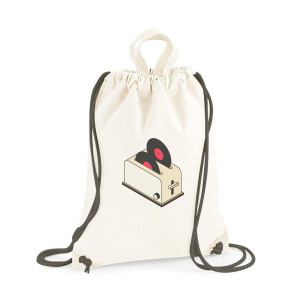 nowy workoplecak z nadrukiem, plecak z płytami winylowymi, winyle plecak, winyle worek, płócienny worek, worek z płótna, worek z nadrukiem, boho plecaczek