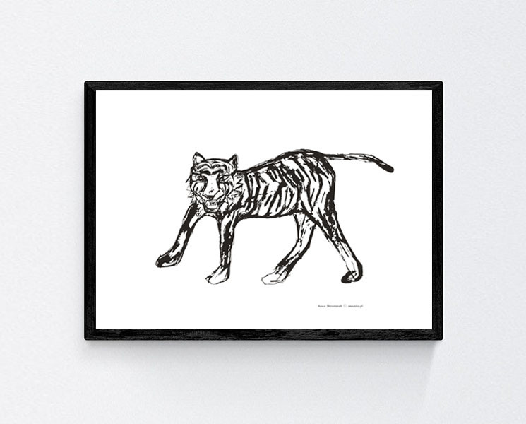biało-czarny plakat z tygrysem, tygrys grafika na ścianę, biało-czarny obraz z tygrysem, tygrys plakat do pokoju, minimalizm grafika, plakat dla chłopca, zwierzęta plakat A4, tiger poster A4