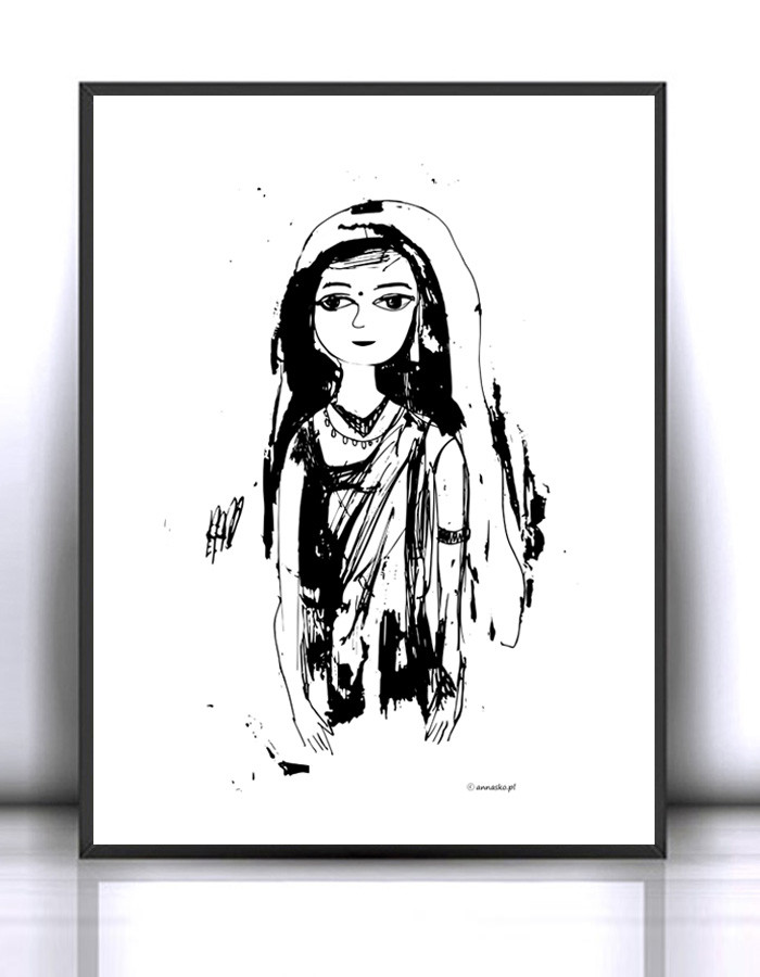 biało-czarny plakat z Hinduską, biało-czarna-grafika z dziewczyną, obrazek z Hinduską, minimalizm plakat na ścianę, dziewczyna obraz A4, Indie plakat, skandynawski styl, minimalizm obraz 21x3