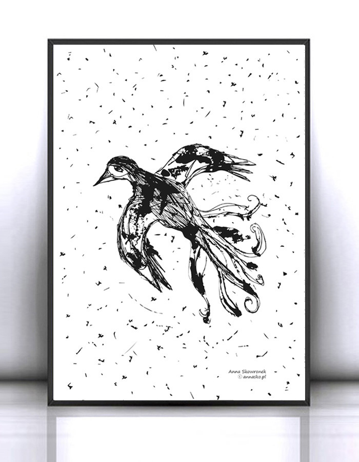 ptaszek plakat, czarno-biały plakat z ptaszkiem, skandynawska grafika do pokoju, ptaszek obraz biało czarny, minimalizm dekoracja na ścianę