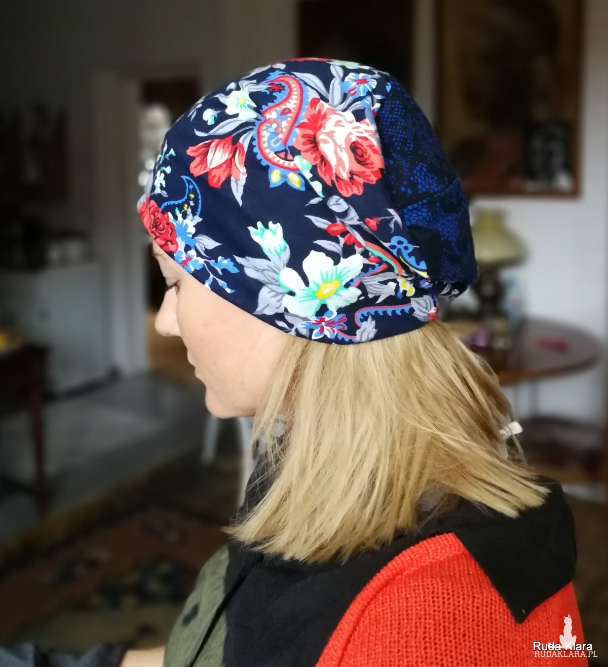 czapka w kwiaty dzianinowa etno boho codzienna handmade