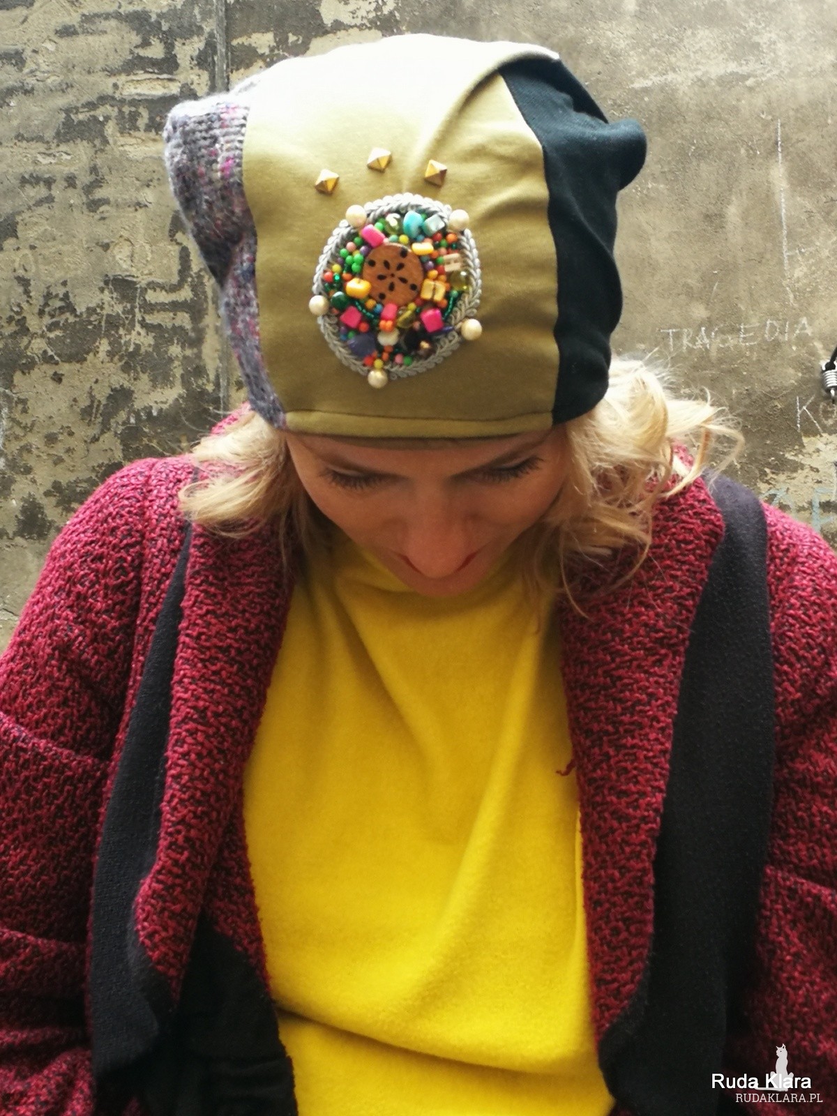 czapka damska szyta patchworkowo handmade z aplikacją w stylu boho