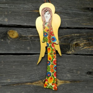 Anioł z drewna wiszący, wzór łowicki, anioł na ludowo