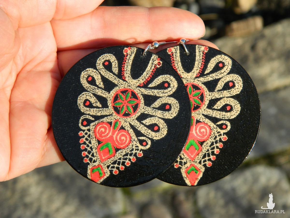 Kolczyki z parzenicą, wzór ludowy, biżuteria boho etno folk, duże kolczyki koła