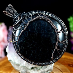 Drzewko szczęścia, Miedziany wisior z agatem fire czarnym, ręcznie wykonany, prezent dla niej, prezent dla mamy, prezent urodzinowy,