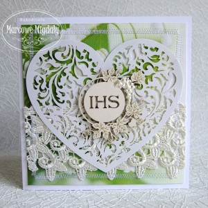 Kartka komunijna z ażurowym sercem, z kieszonką na banknoty