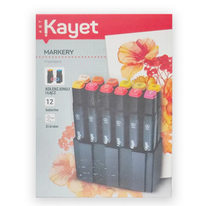 markery permanentne 12, dwustronne markery ciepłe kolory, trwałe markery 12, markery artystyczne kayet