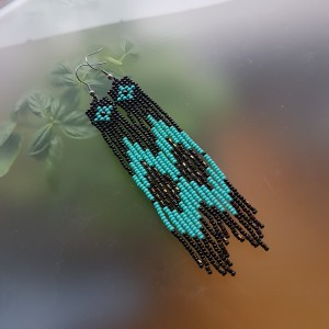 Kolczyki Boho Dlugie Frędzle Chwosty Turkusowo Czarne