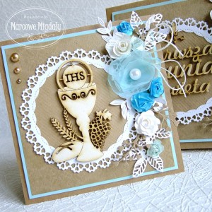 Kartka w pudełku z okazji Komunii Świętej, eko z turkusem