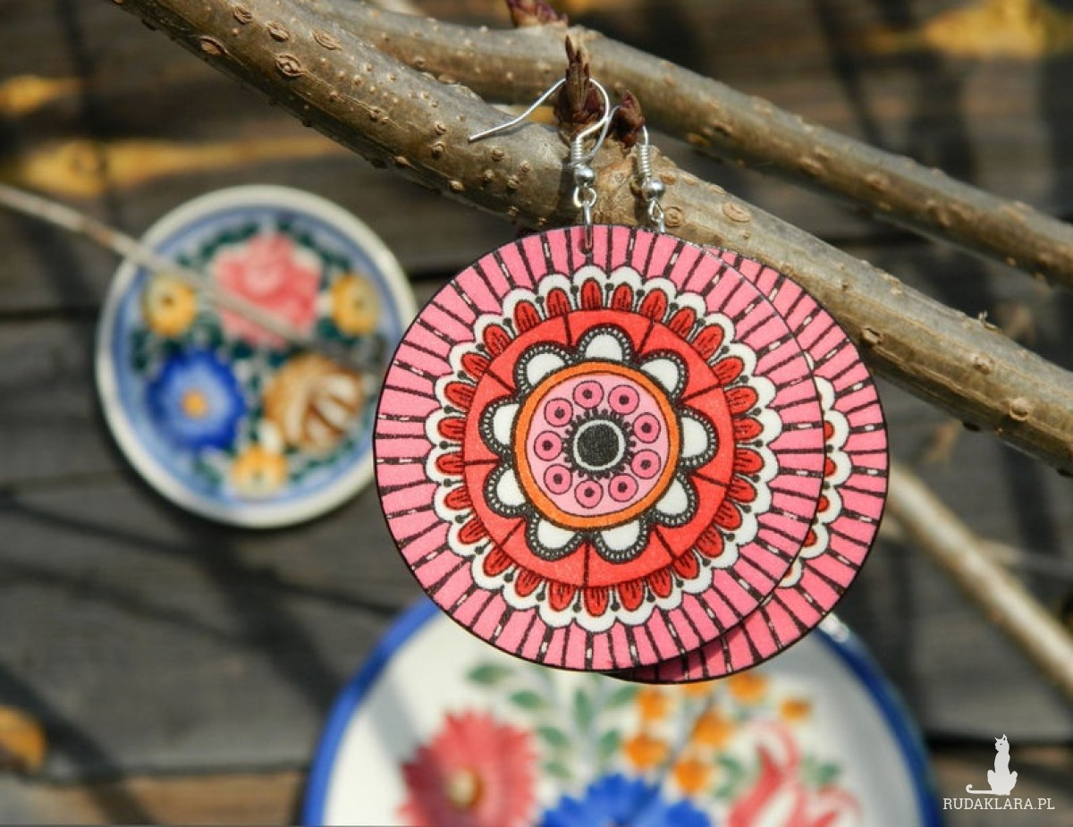 Kolczyki drewniane mandale różowe, biżuteria boho etno folk, duże kolczyki koła