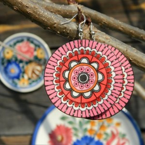 Kolczyki drewniane mandale różowe, biżuteria boho etno folk, duże kolczyki koła, hippie, Frida, biżuteria różowa, kolczyki kwiaty mandala