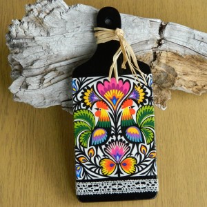 Deska kuchenna z motywem ludowym, łowickie kogutki, dekoracja folk etno boho