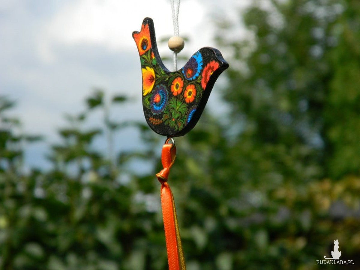 Ptaszek wiszący w ludowe łowickie kwiaty, dekoracja folk etno boho