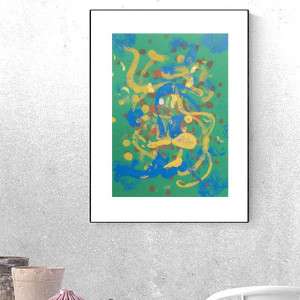 minimalizm grafika 30x40, zielona abstrakcja A3, nowoczesna dekoracja do loftu, abstrakcyjny rysunek malowany ręcznie, zielony obrazek na ścianę