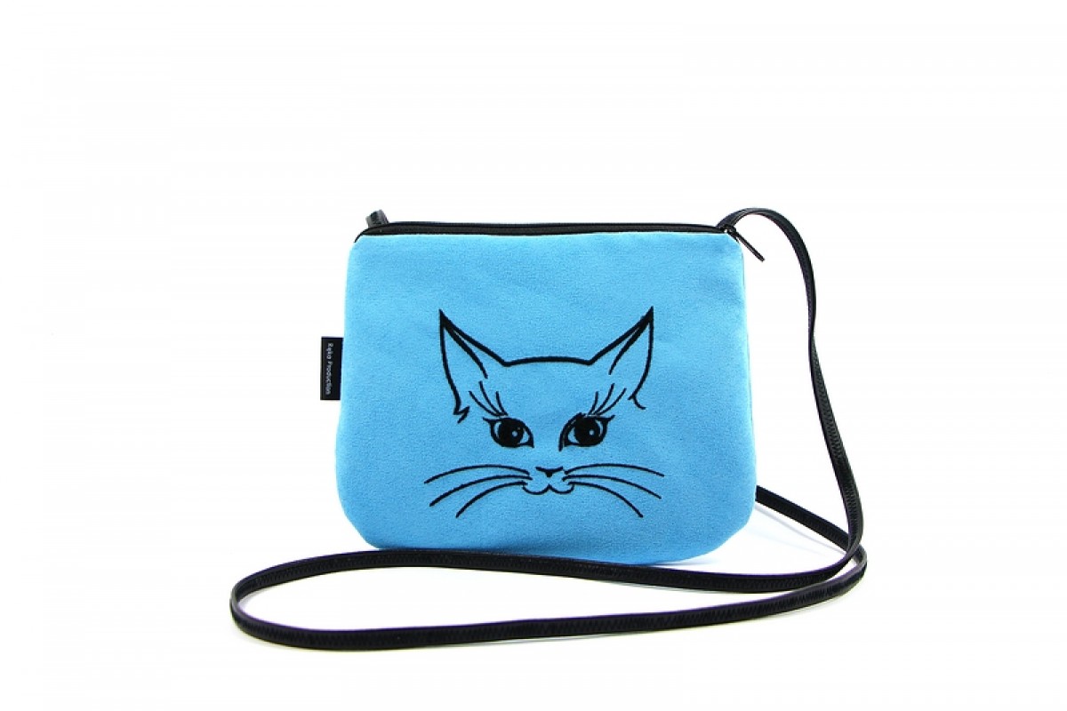 Mała torebka damska Niebieska z czarnym kotkiem