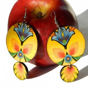 Kolczyki ludowe żółte z niebieskimi kwiatami, biżuteria folkowa, boho folk