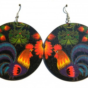 Kolczyki z kogutami, łowicki wzór ludowy, biżuteria boho etno, łowickie wycinanki, duże kolczyki koła