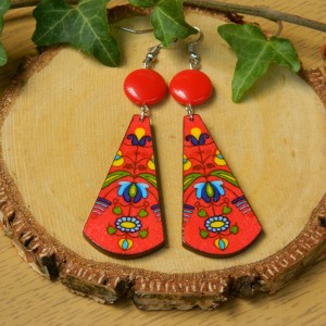 Kolczyki meksykańskie, biżuteria wzór ludowy, kolczyki boho etno, kolczyki Frida, kolczyki długie czerwone do flamenco