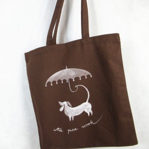 Torba  bawełniana ręcznie malowana Pies i Parasol brązowa