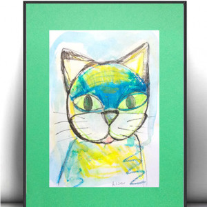 obraz z kotkiem, kolorowa grafika z kotkiem, kotek rysunek na ścianę