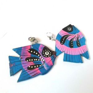 klipsy etno boho folk malowane drewniane rybki