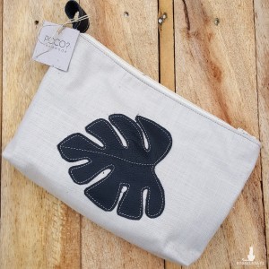 Kosmetyczka beżowa, saszetka ze skórzanym liściem