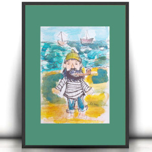 żeglarz akwarela, pirat obrazek malowany ręcznie, marynistyczny obraz, marynarz rysunek,  prezent dla mężczyzny, prezent dla chłopca, prezent dla chłopaka, marynarska dekoracja do domu
