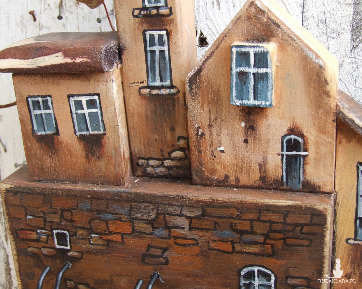 Wieszaczek z domkami, ręcznie malowany, 3 haczyki