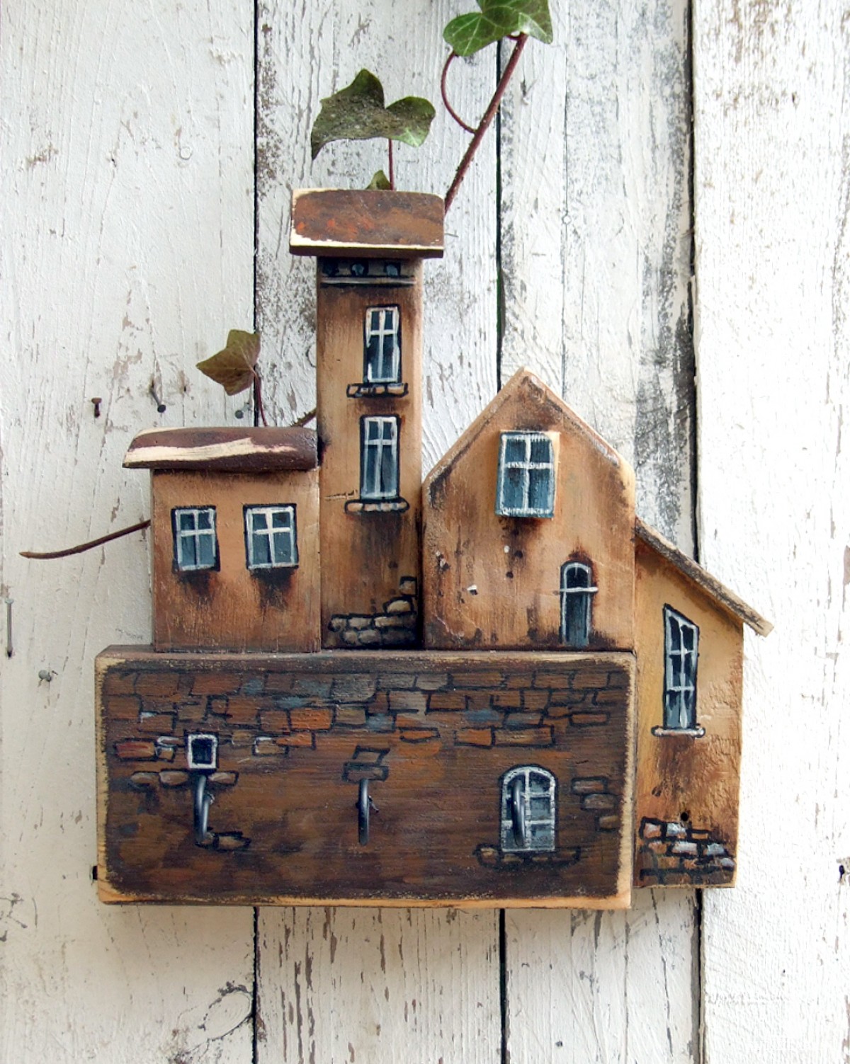 Wieszaczek z domkami, ręcznie malowany, 3 haczyki
