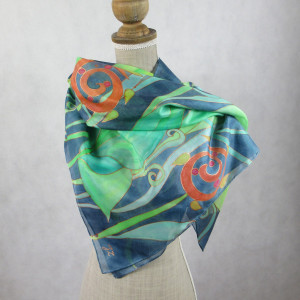 Roślinna zielono-granatowa, chusta jedwabna ręcznie malowana