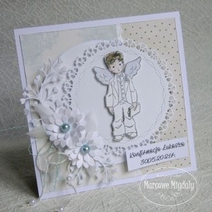 Kartka komunijna, konfirmacyjna z chłopczykiem, personalizowana