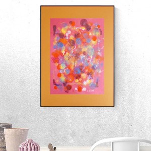 grafika w ciepłych kolorach, abstrakcja ręcznie malowana, nowoczesna grafika na ścianę, dekoracja do loftu, styl memphis obraz