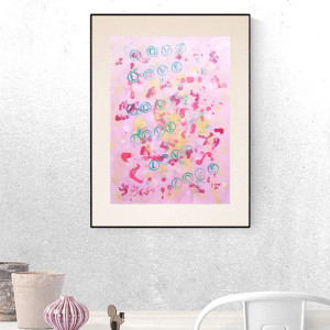 pastelowa grafika malowana ręcznie, abstrakcyjny rysunek do sypialni, minimalizm dekoracja na ścianę, love rysunek 30x40, love obrazek A3, boho grafika, styl memphis obraz